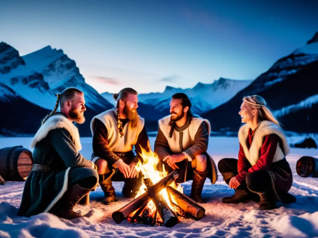 Rituales y ceremonias vikingas actuales: Grupo vikingo alrededor de una hoguera con tatuajes faciales al rojo vivo en la noche nórdica