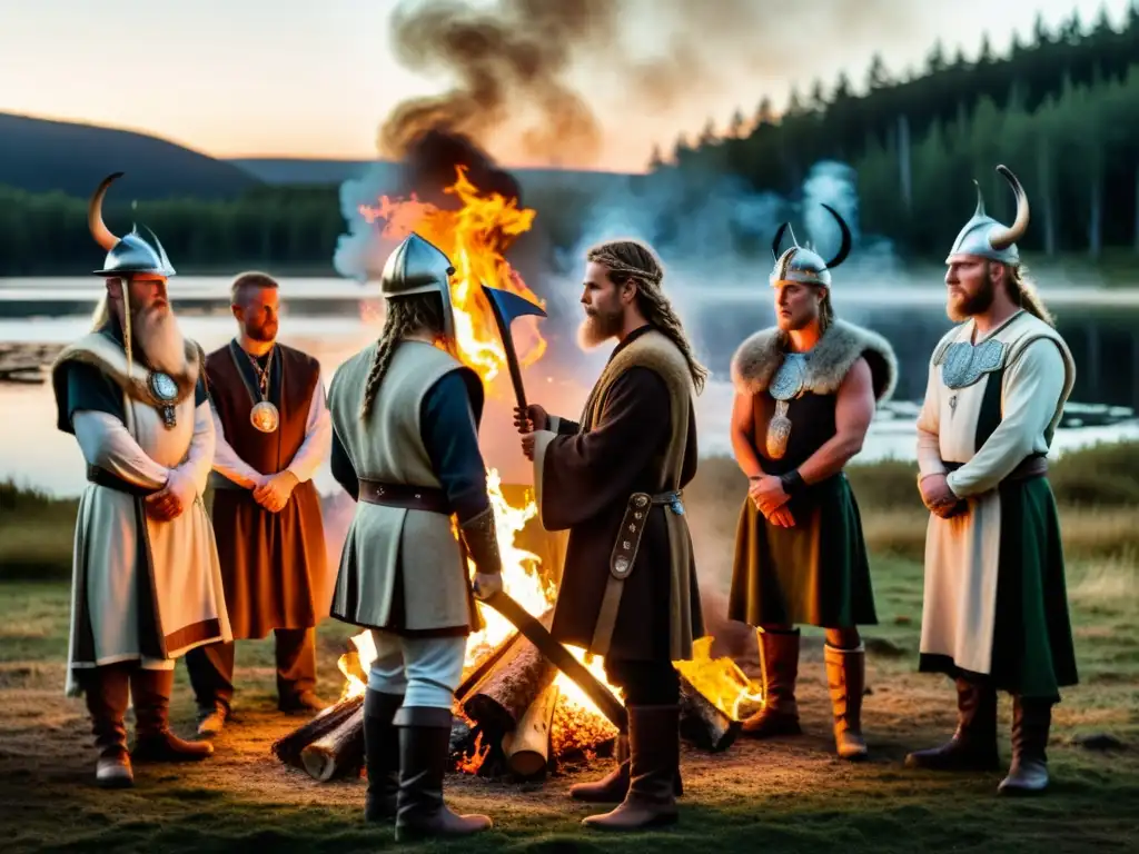 Rituales y ceremonias vikingas actuales: Grupo en trajes vikingos alrededor de una fogata en el bosque