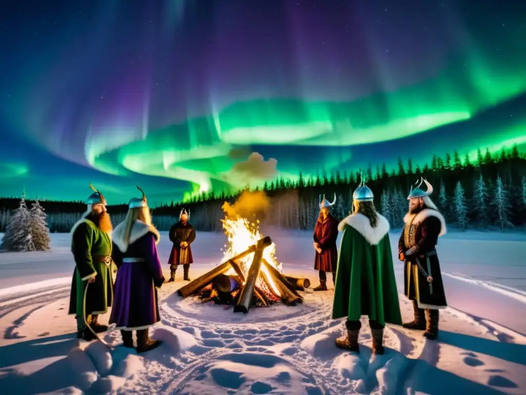 Rituales y ceremonias vikingas actuales: ceremonia bajo la aurora boreal en un bosque escandinavo