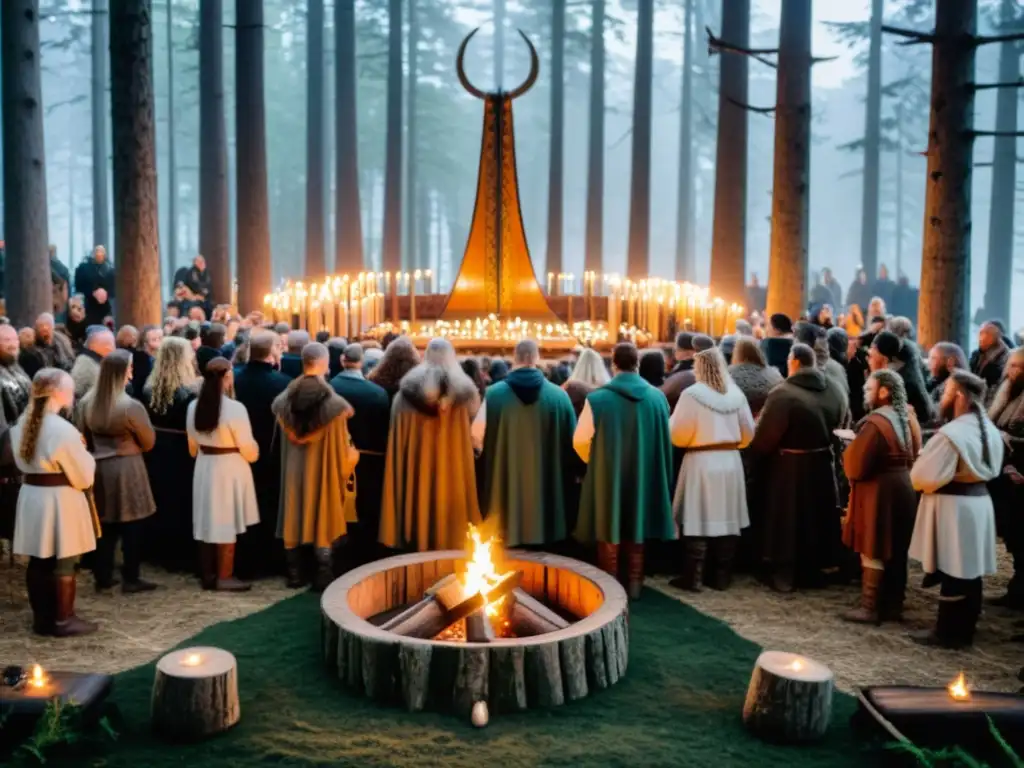 Rituales y ceremonias vikingas actuales en un bosque neblinoso con altar tallado y chamán levantando cuerno ceremonial