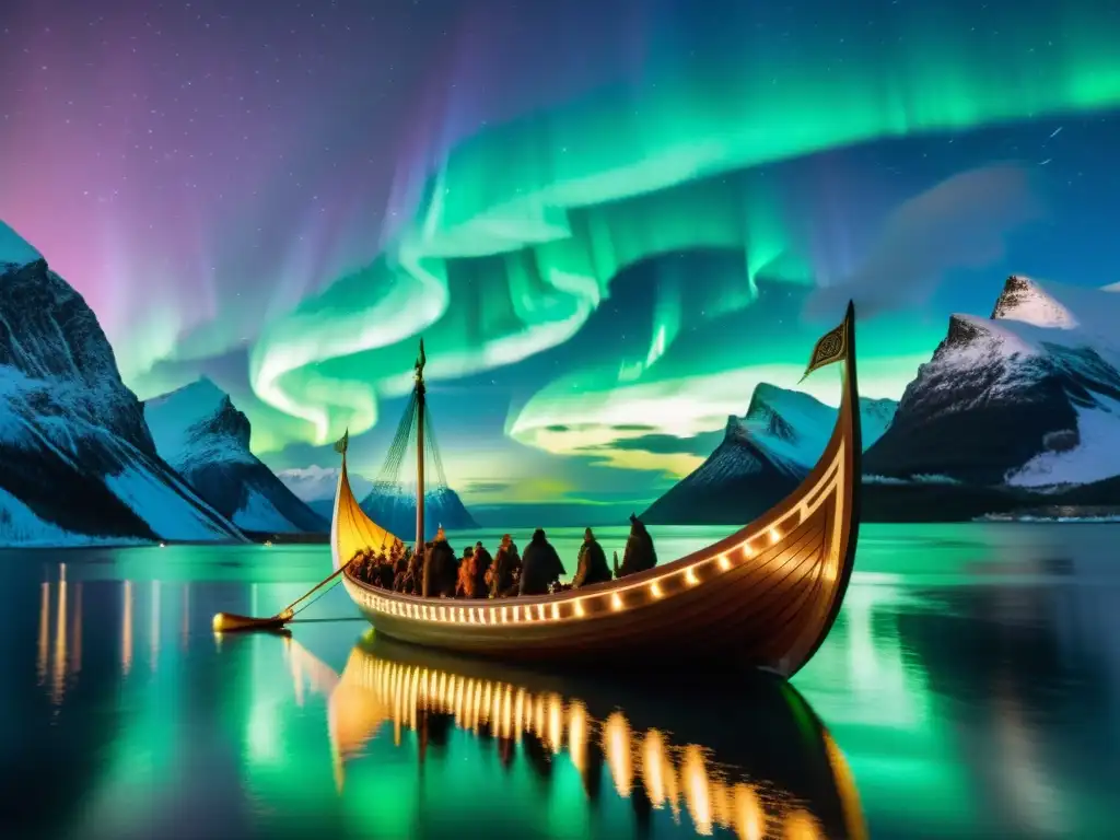 Rituales espirituales vikingos modernos en un drakkar bajo la aurora boreal