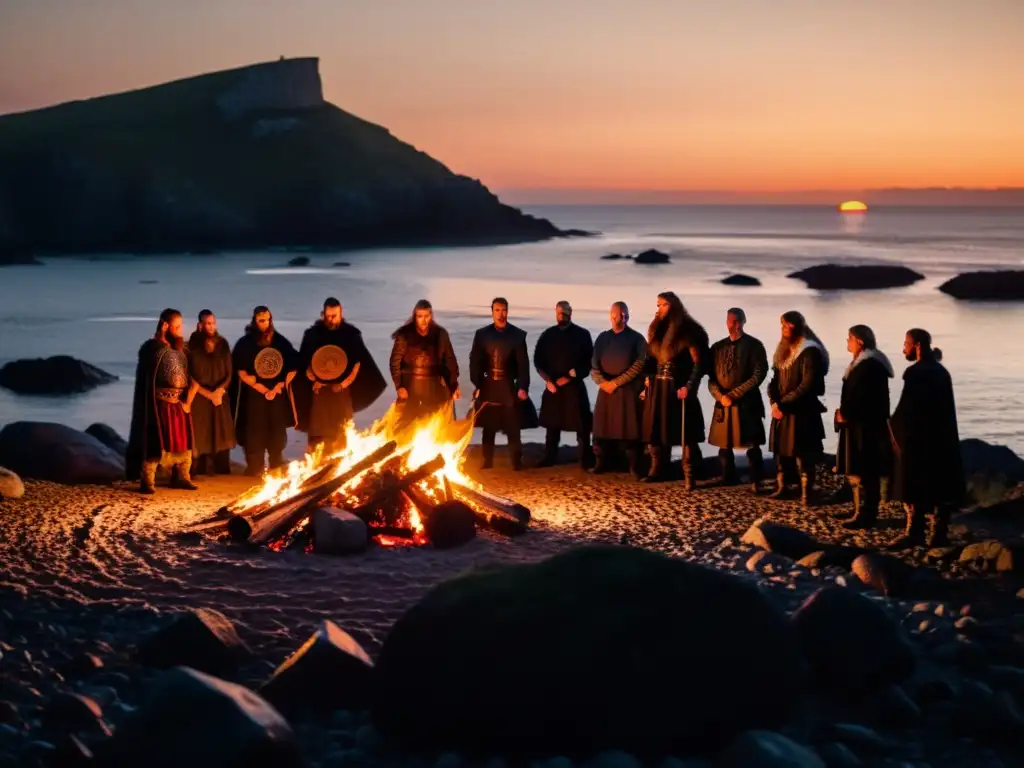 Rituales funerarios en la era vikinga: Emotivo funeral vikingo al atardecer con barco en llamas y guerreros