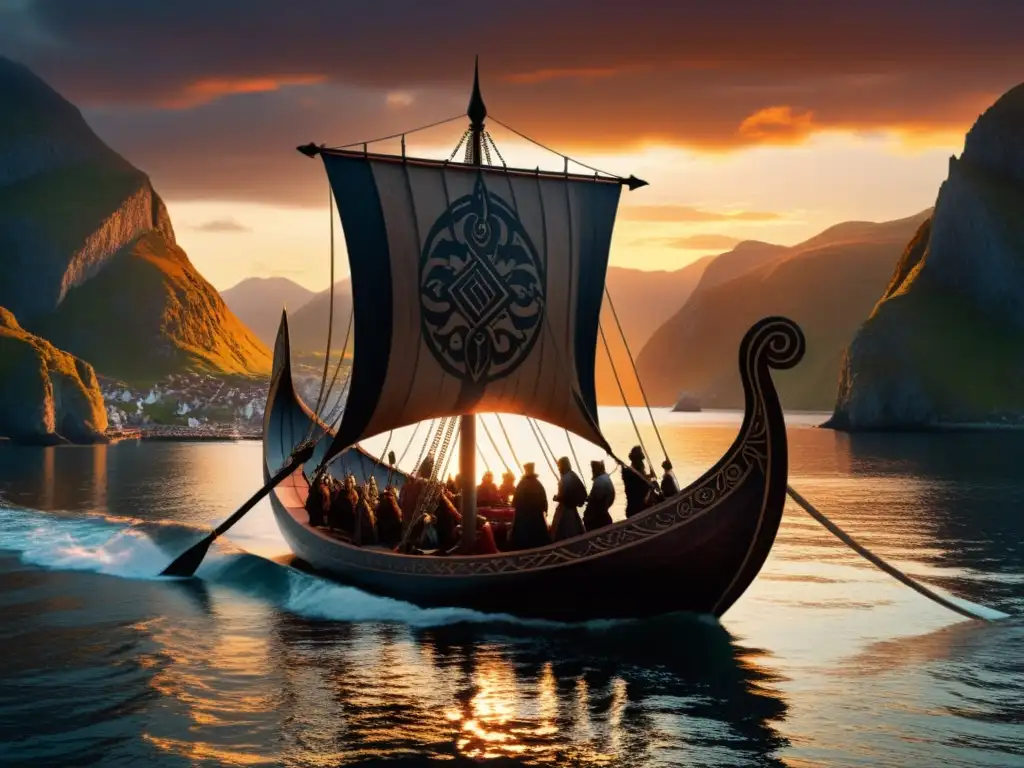 Rituales funerarios vikingos barco solar: Majestuoso funeral vikingo al atardecer, con guerreros y barco adornado en misticismo