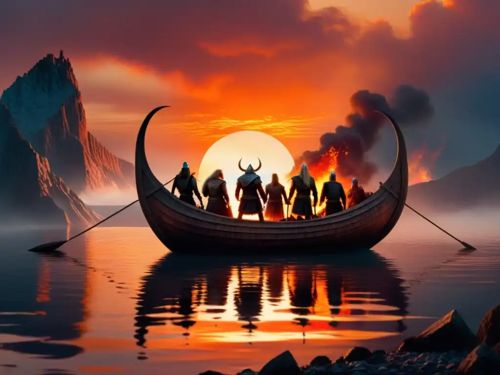 Rituales mágicos de despedida vikinga: un barco en llamas rodeado de guerreros bajo un atardecer naranja