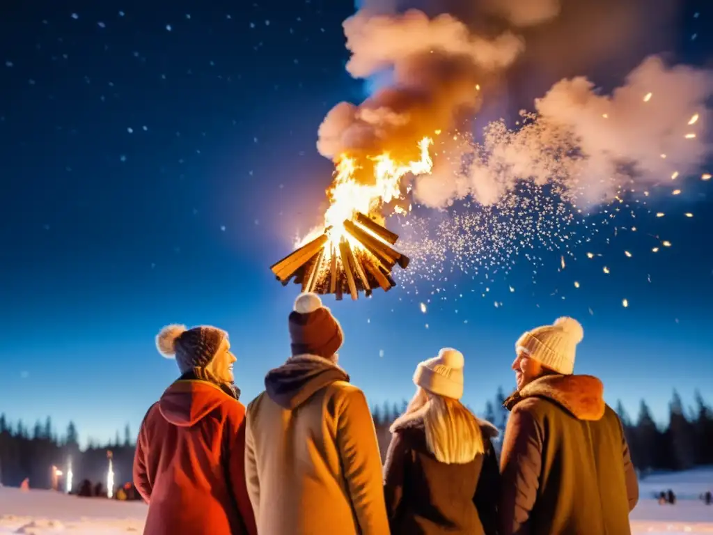 Rituales nórdicos solsticio de invierno: Personas en vestimenta tradicional alrededor de una hoguera en el bosque nevado