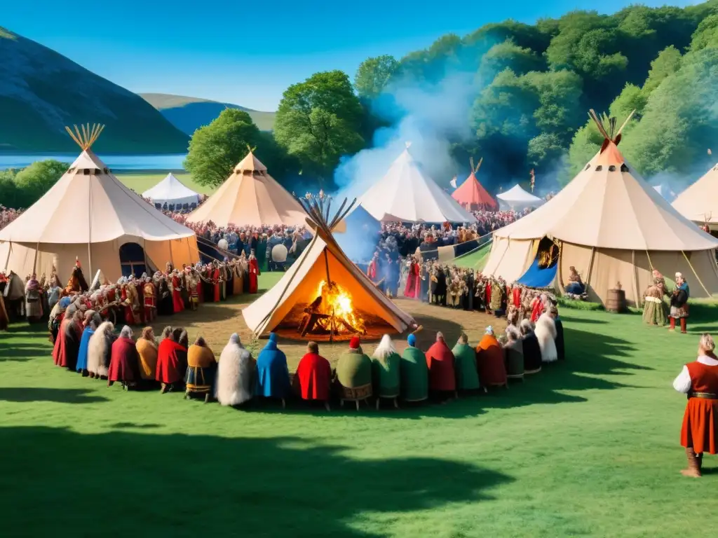 Rituales vikingos en celebración mística nórdica con danzas y festines bajo el cielo azul