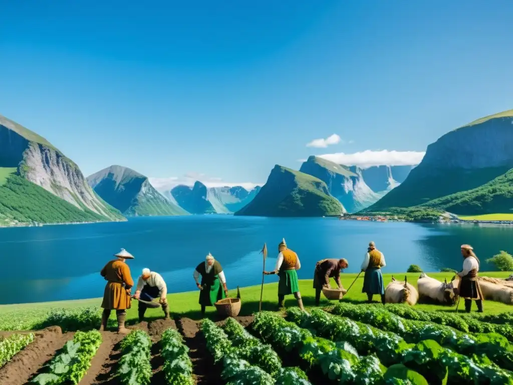 Rituales vikingos para fertilidad de la tierra: Imagen detallada de agricultores vikingos trabajando en un campo verde y fértil bajo un cielo azul