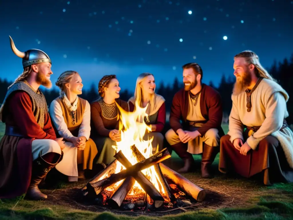 Rituales vikingos: celebración mística nórdica alrededor de una fogata en el bosque bajo un cielo estrellado