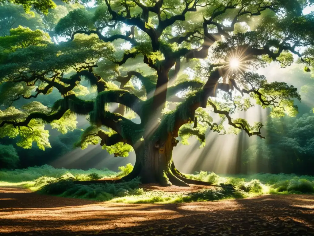 Un roble majestuoso en un bosque exuberante, con la luz filtrándose entre las ramas