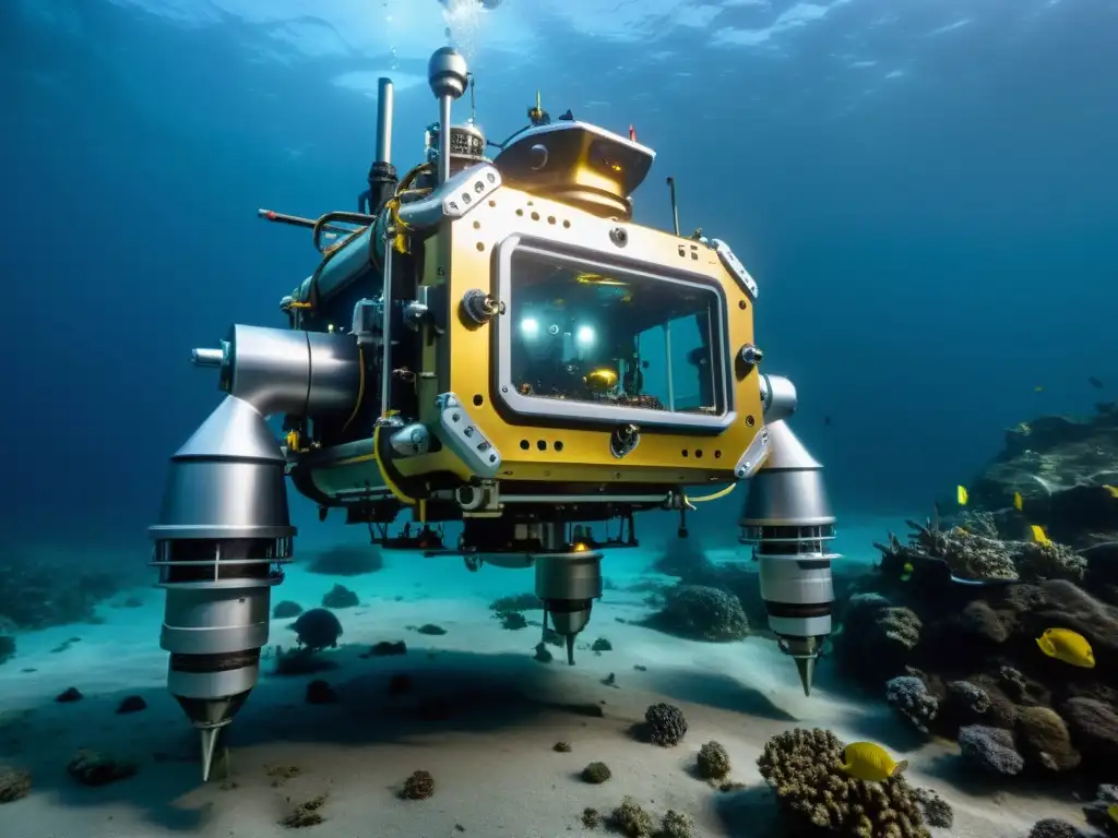 Un robot subacuático avanzado explorando ruinas vikingas en las profundidades marinas