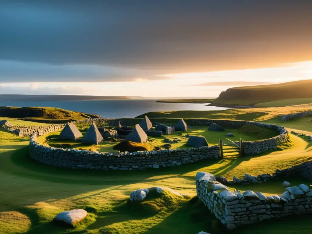 Ruinas de asentamientos vikingos en declive, iluminadas por el suave sol del atardecer