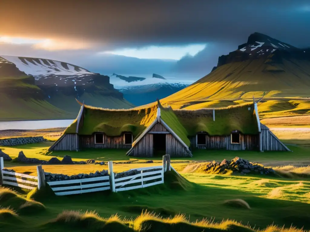 Ruinas de una casa vikinga en Islandia con la luz del sol de medianoche