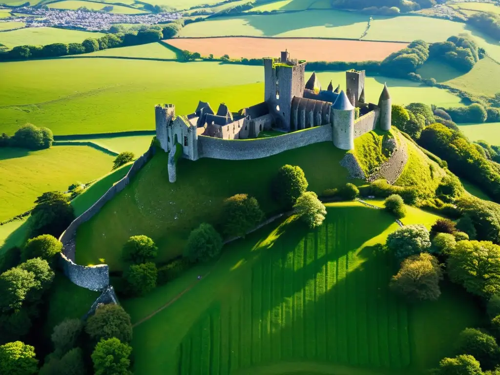 Ruinas medievales del Roca de Cashel en Irlanda, con torre redonda y paisaje rural