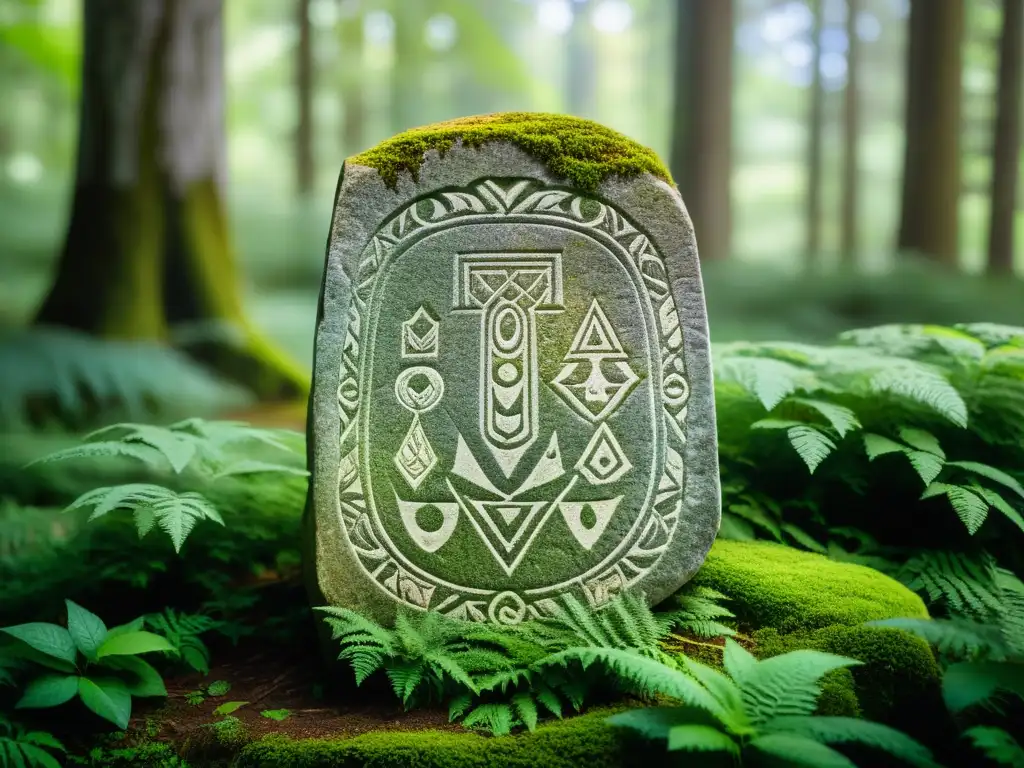 Runa ancestral: sabiduría y belleza en el bosque místico Runa tallada en piedra en un bosque antiguo: símbolos místicos y flores silvestres