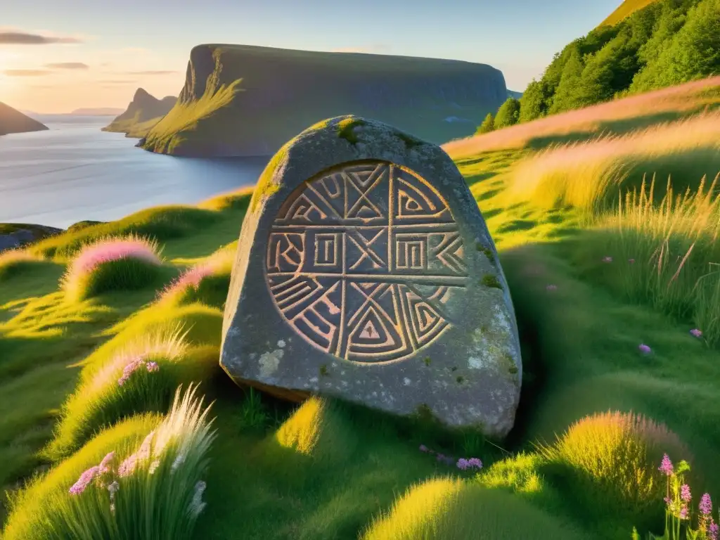 Runa vikinga ancestral en piedra con inscripciones, bañada por luz dorada al atardecer sobre un prado verde