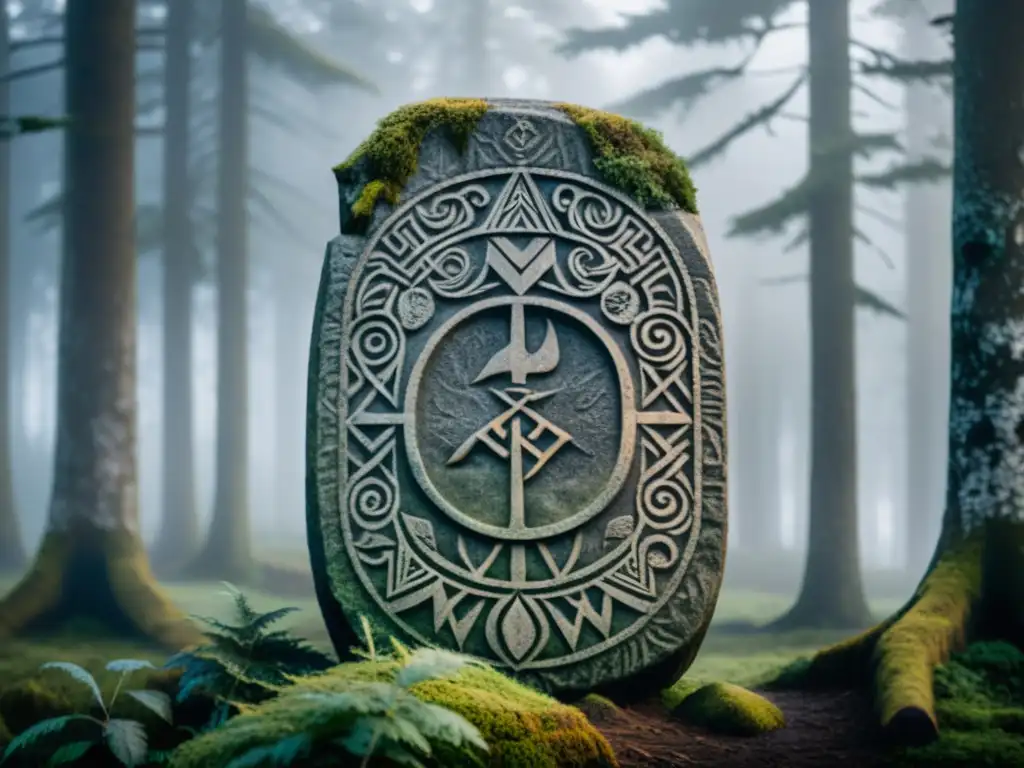 Runa vikinga de Odin en un bosque nórdico neblinoso, evocando el arquetipo psicológico de Odin con cuervos en sus hombros