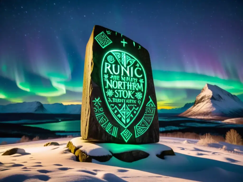 Una runa vikinga iluminada por la aurora boreal en un paisaje nórdico, capturando la esencia de la comunicación vikinga a través de runas