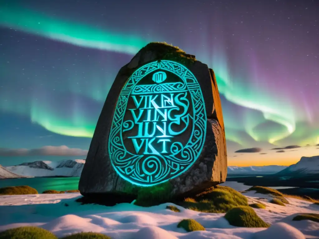 Runa vikinga iluminada por la aurora boreal, transmitiendo la sabiduría vikinga a través del tiempo