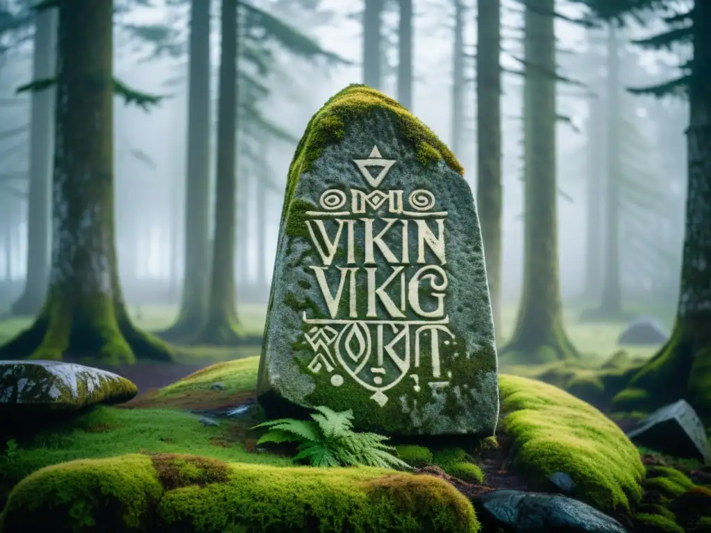 Runa vikinga misteriosa cubierta de musgo en un bosque nórdico neblinoso