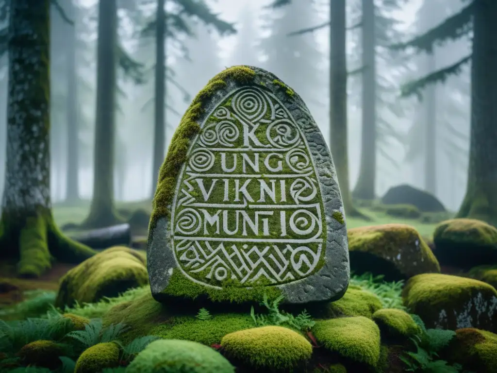 Runa vikinga en bosque nórdico neblinoso, revelando el místico significado de las runas vikingas