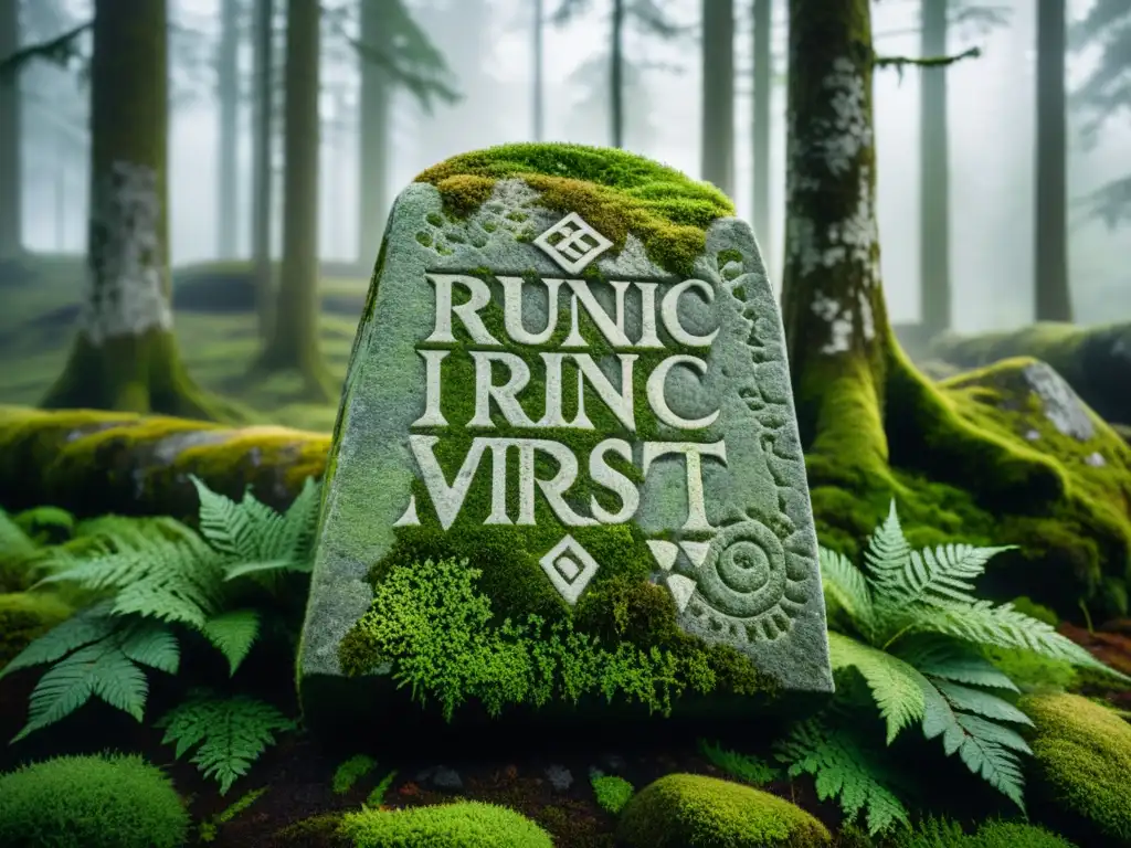 Runa vikinga en piedra ancestral cubierta de musgo y líquenes en bosque escandinavo neblinoso