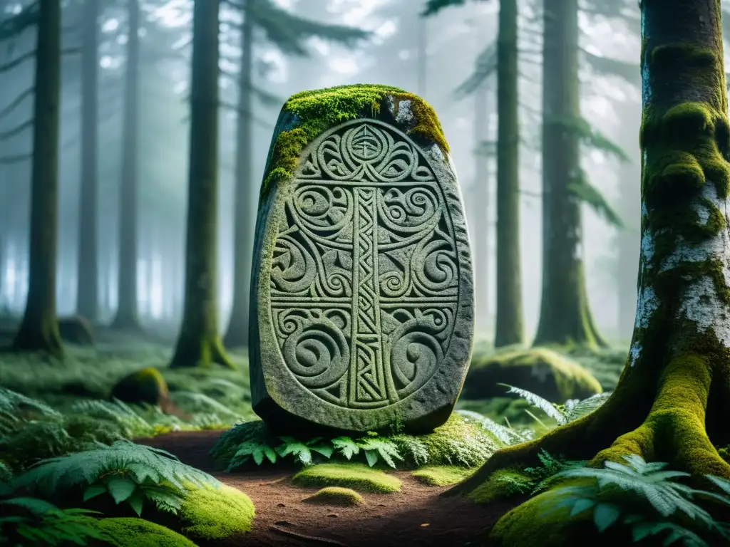 Una runa vikinga de piedra en un bosque nórdico, simbología y escritura era vikinga