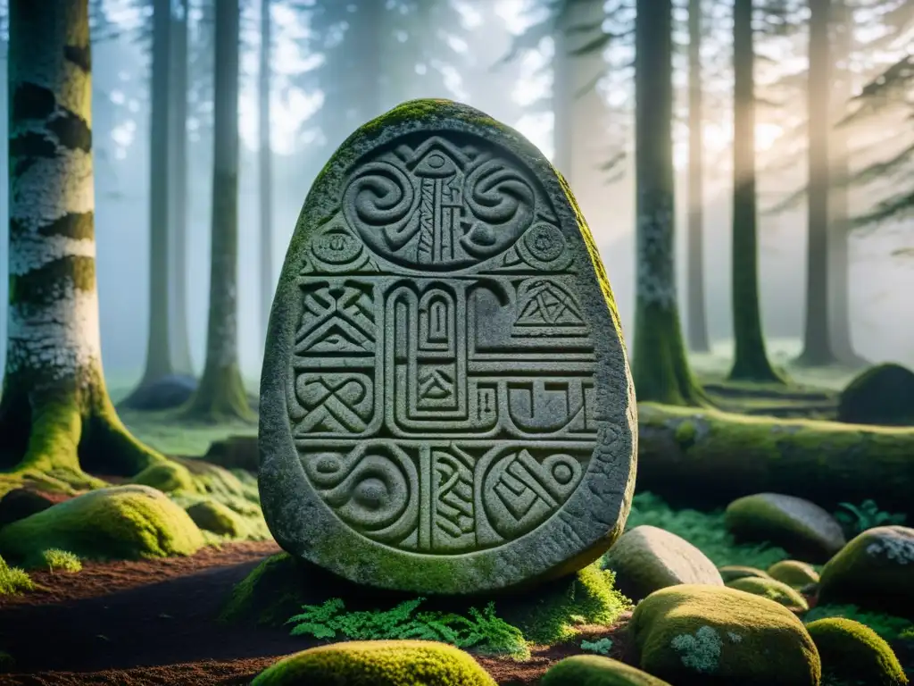 Una runa vikinga tallada en piedra, rodeada de bosque escandinavo neblinoso al amanecer