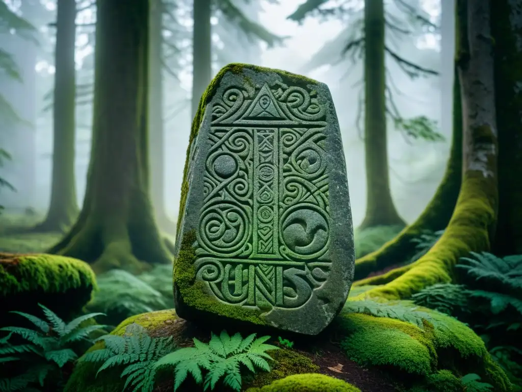 Runa vikinga tallada en piedra en bosque místico