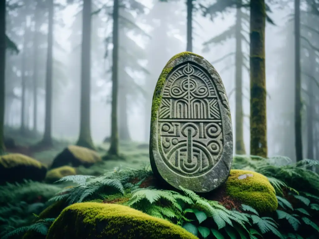 Runa vikinga tallada en piedra antigua en un bosque escandinavo con niebla