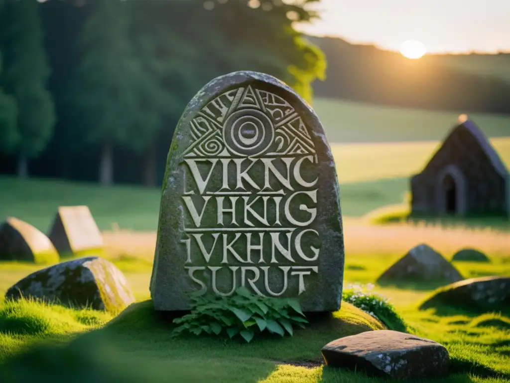 Runa vikinga tallada en piedra, iluminada por el sol en cementerio verde