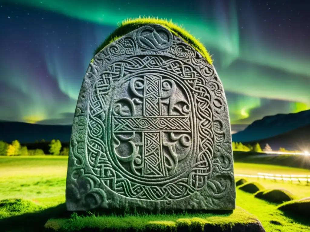 Una runa vikinga tallada con símbolos nórdicos en una tumba, bajo la aurora boreal