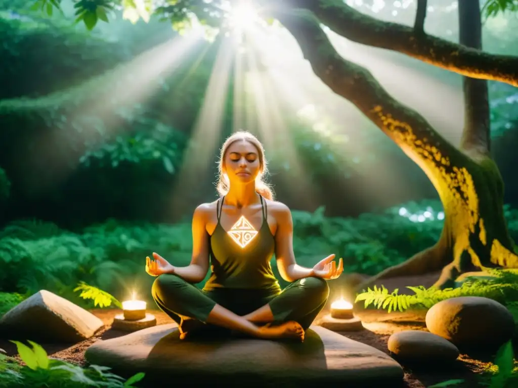 Meditación en bosque con runas iluminadas: persona en paz conectando con técnicas de meditación con runas en un bosque verde