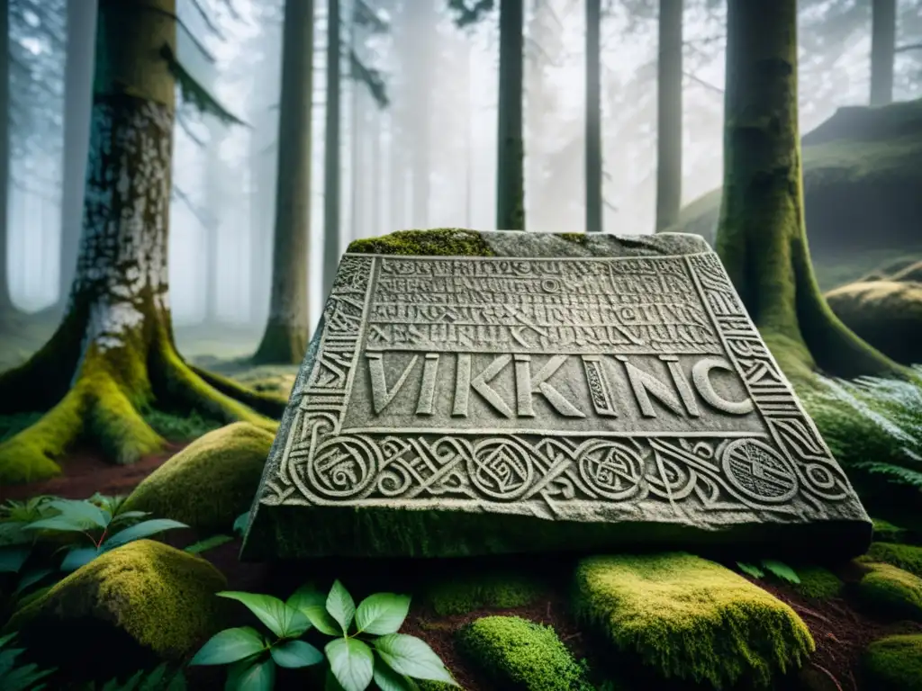 Descifrando runas en reconstrucciones históricas: Detalle de piedra vikinga con inscripciones en bosque escandinavo neblinoso