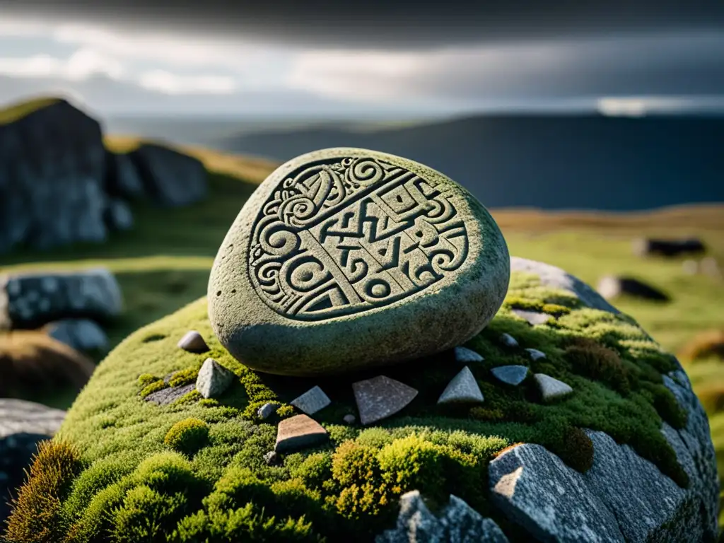 Runas vikingas arte expresión poética: piedra rúnica detallada en paisaje nórdico dramático, cubierta de musgo y tallada con símbolos vikingos