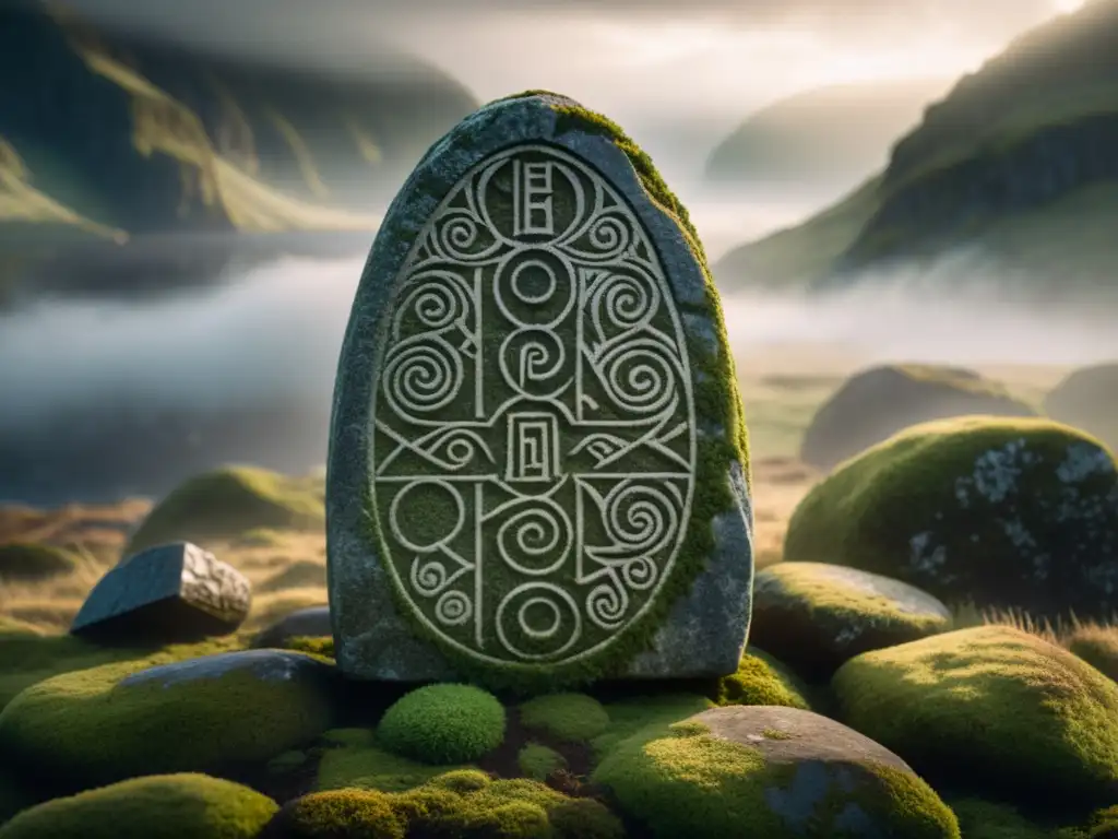 Runas vikingas olvidadas poder místico en piedra cubierta de musgo, rodeada de niebla y luz misteriosa