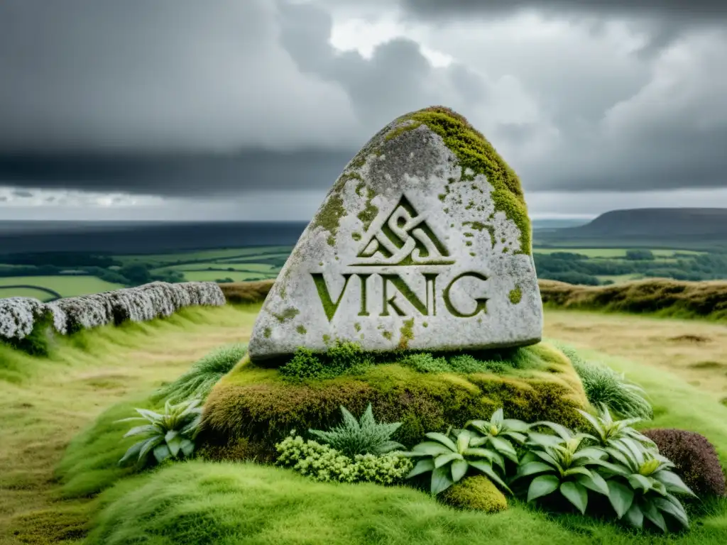 Runas vikingas significado y poder: Antigua piedra rúnica vikinga inmersa en misterio, resistiendo al paso del tiempo bajo un cielo dramático