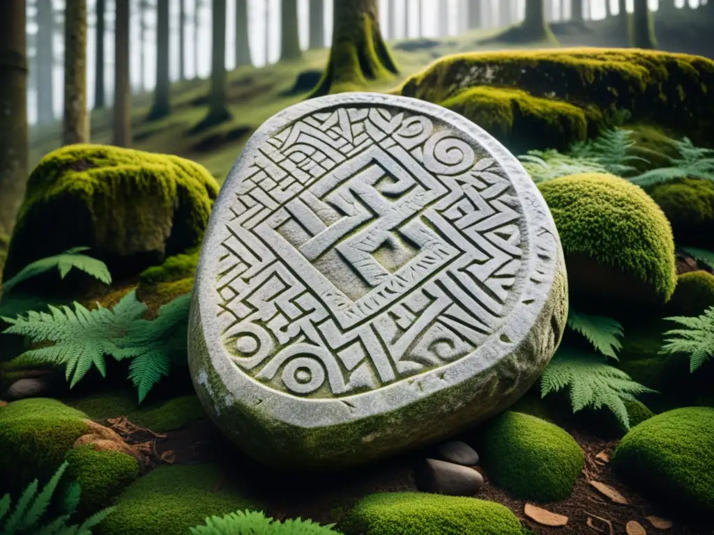 Runas vikingas significado y uso: Detalle de una antiquísima piedra rúnica vikinga cubierta de musgo en un bosque escandinavo