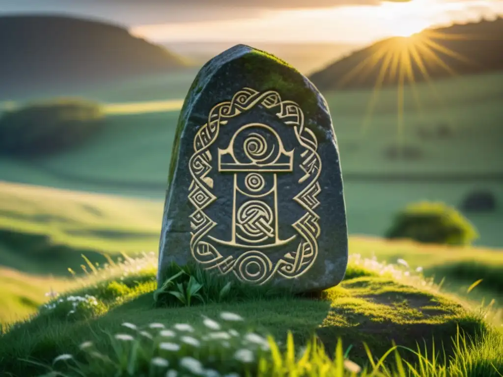 Runestone vikinga en prado verde, iluminada por el sol