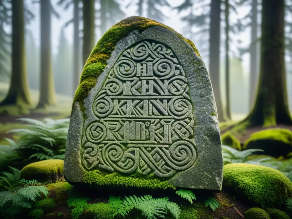 Un runestone vikingo cubierto de musgo en un bosque nórdico, revelando el significado de las runas vikingas