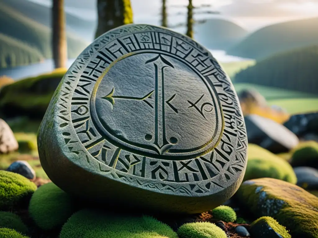 Un runestone vikingo desgastado con runas antiguas, en un paisaje nórdico místico