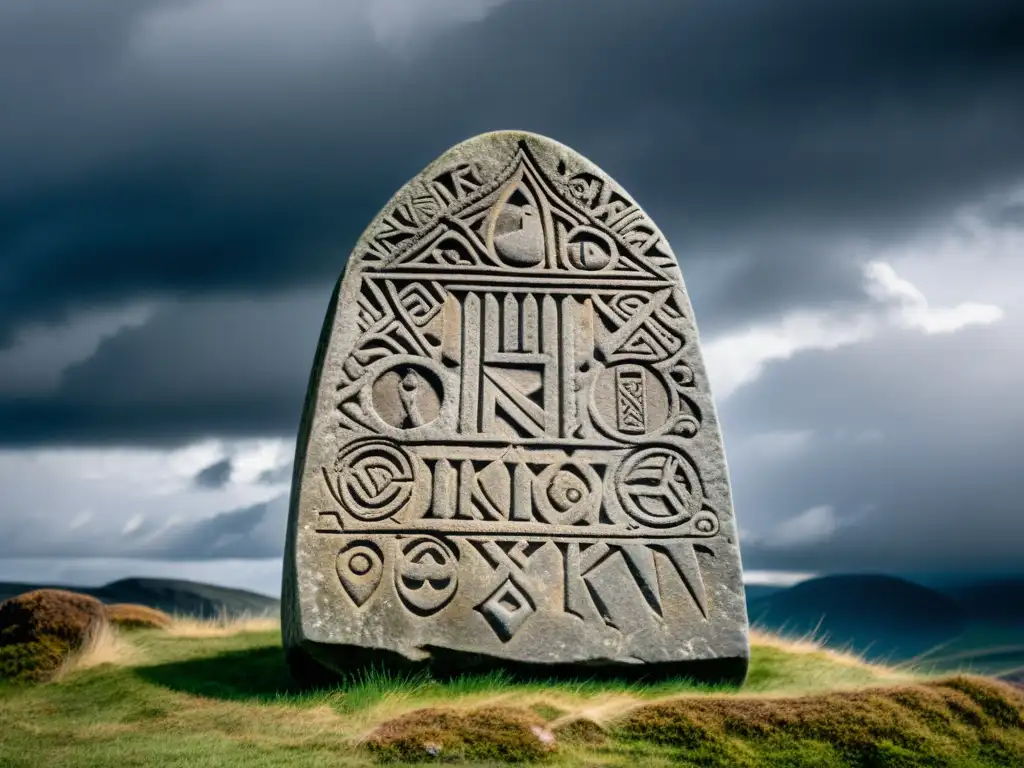 Un runestone vikingo tallado con símbolos nórdicos, en un paisaje escandinavo tormentoso