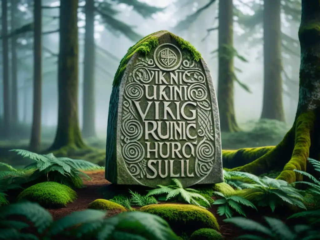 Poesía rúnica vikinga misteriosa: una piedra rúnica en un bosque neblinoso con inscripciones talladas y luz filtrándose entre la frondosa vegetación