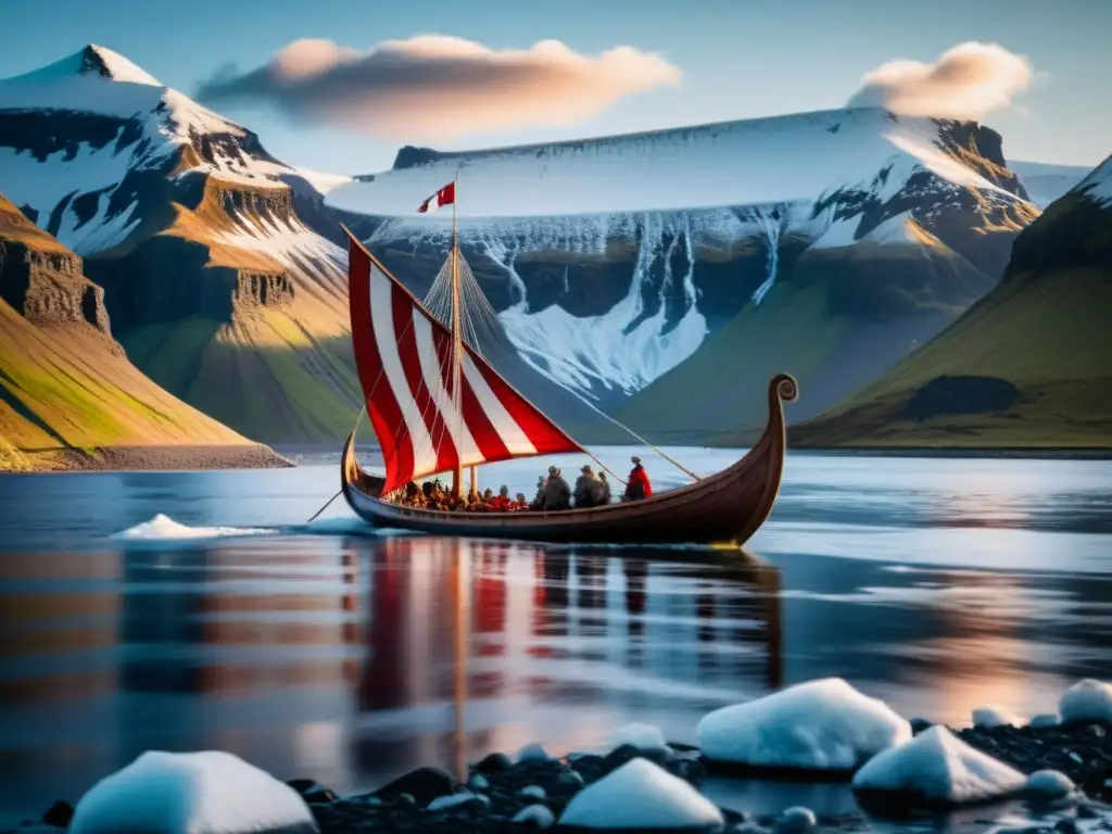 Rutas vikingas en Islandia hoy: Barco vikingo surcando aguas heladas con montañas nevadas al fondo bajo el sol de medianoche