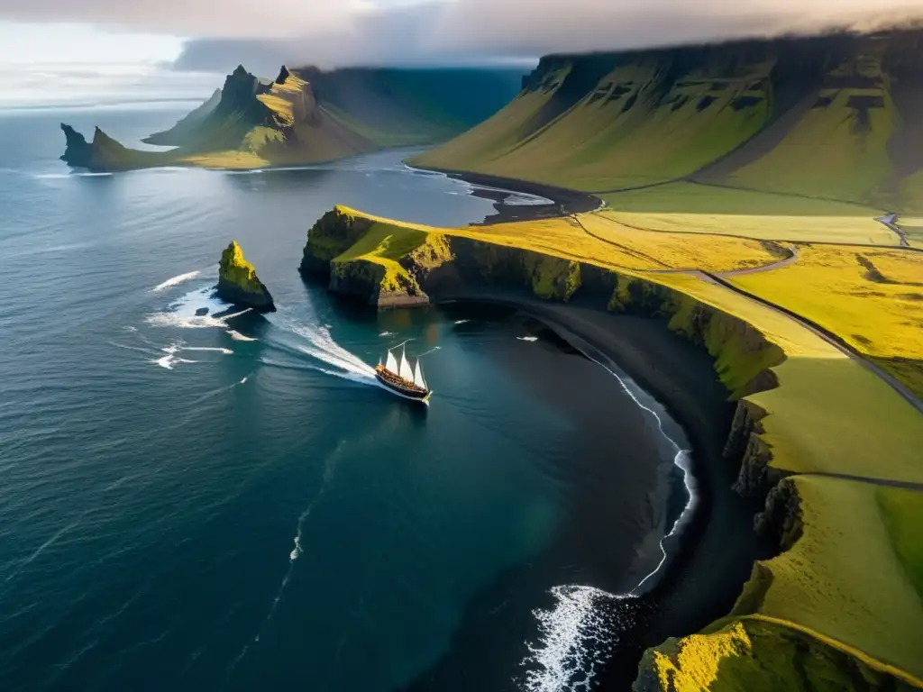 Explora las rutas vikingas en Islandia hoy: un paisaje impresionante con acantilados, fiordos y un barco vikingo navegando en aguas turbulentas