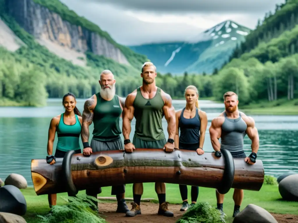 Rutinas de fuerza vikinga inspiradas: Entrenamiento en el bosque con troncos y rocas, vestidos como vikingos