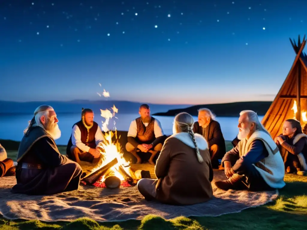 Transmisión de sabiduría en la cultura vikinga: Ancianos y jóvenes escuchan historias alrededor de la hoguera