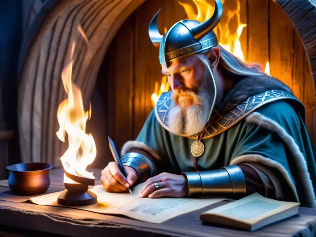 Vikingo transcribiendo runas antiguas: sabiduría ancestral Un sabio vikingo transcribiendo antiguas runas en un pergamino, iluminado por antorchas