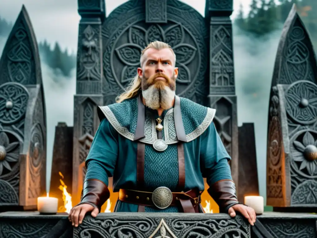 Un sacerdote vikingo realiza un sacrificio ceremonial en honor a los dioses, ante un altar de piedra tallado