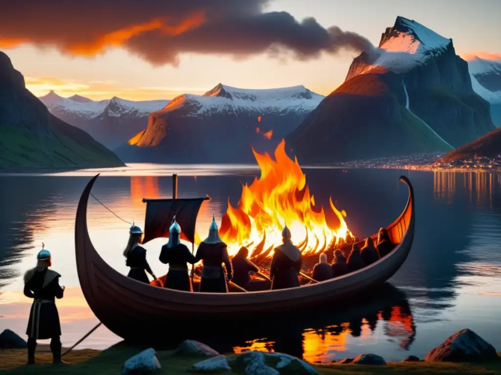 Sacrificios funerarios en la era vikinga: Una impactante ilustración de un ritual vikingo con un barco en llamas y afligidos de luto