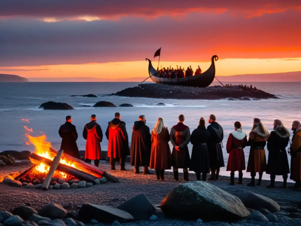 Sacrificios humanos en ritos funerarios vikingos: Funeral vikingo al atardecer, con barco en llamas y personas vestidas de luto